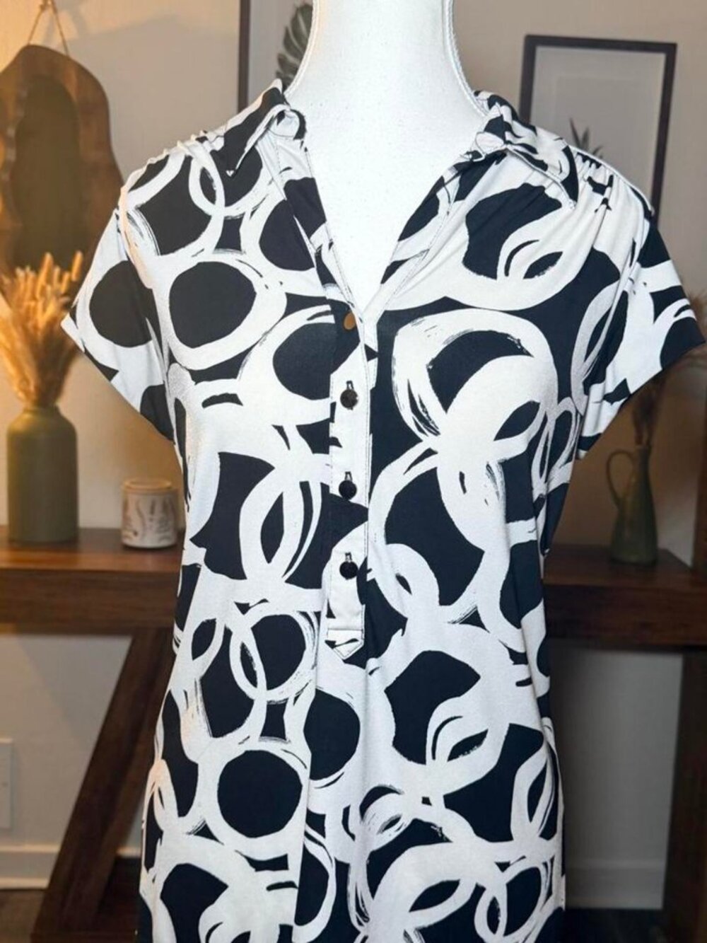 Alfani Black White Abstract Circle Blouse Medium Stretch